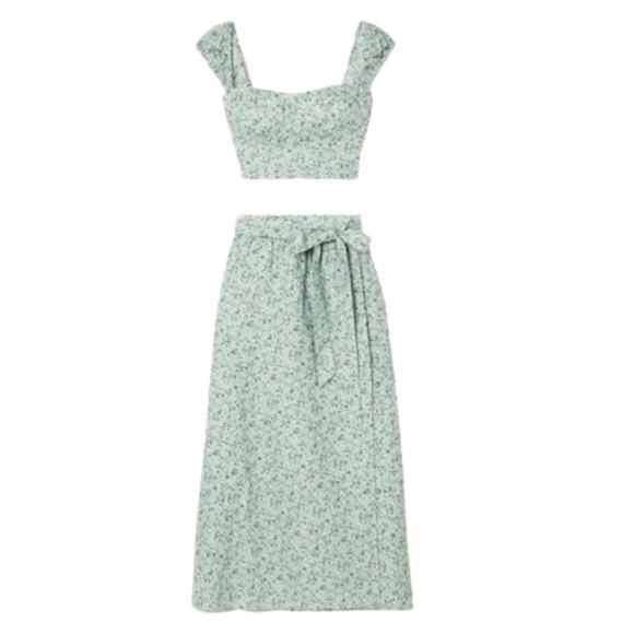 Reformation Clyde Linen Two Piece Wrap Full Midi Skirt Crop Top Set Agave 10 NWT - Picture 1 of 12